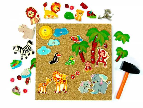 Hämmerchenspiel mit Korkplatte und Dschungelfiguren, kindlich, Affe, Zebra, Löwe, Giraffe, Elefant,Nilpferd, Bäume