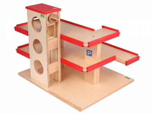 Parkhaus mit Aufzug rot und Holz Beck Holzspielzeug