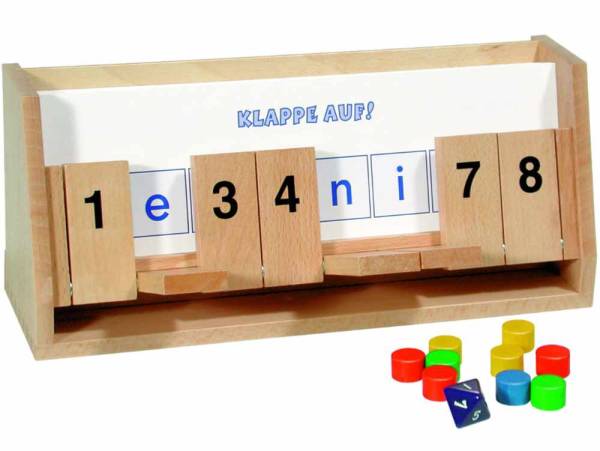 Holzkasten mit 8 Klappen zum Erraten von Wörtern. Bunte Spielsteine und ein 8er Würfel aus Holz
