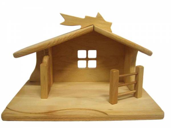 Weihnachtskrippe aus Holz mit Stern, Stall für Holztiere schön verarbeitets Holz