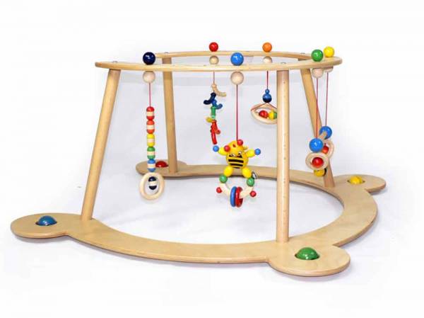 Babyspiel- und Lauflerngeraet aus Holz mit bunten Kugeln und Figuren, anniemiert zum Aufstehen und Laufen