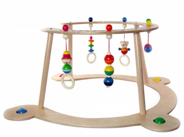 Babyspiel- und Lauflerngeraet aus Holz mit Ringen bunten Kugeln