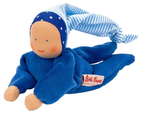 Kleine weiche Puppe mit langer Zipfelmuetze, blau, fuer Babys